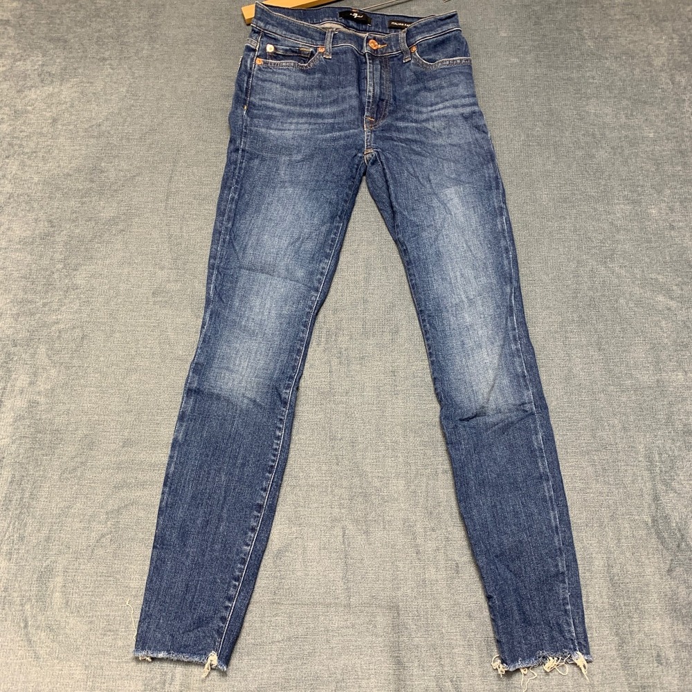 7 For All Mankind Skinny Jeans Womens 24 Blue Denim Medium Wash Pockets Raw Hem